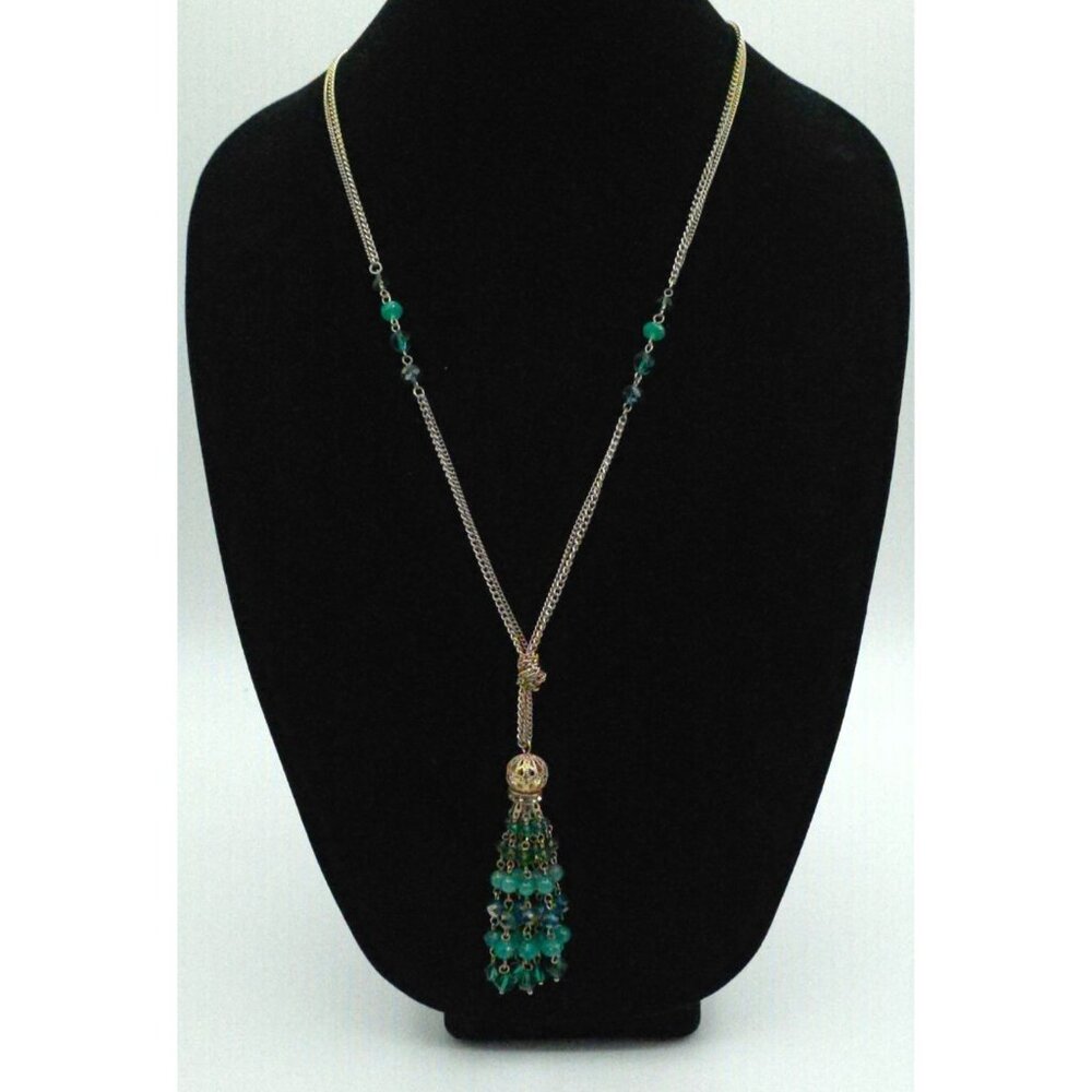 Vintage Emerald Tassel Pendant Necklace Silver Chain Boho Chic Layering Accessor